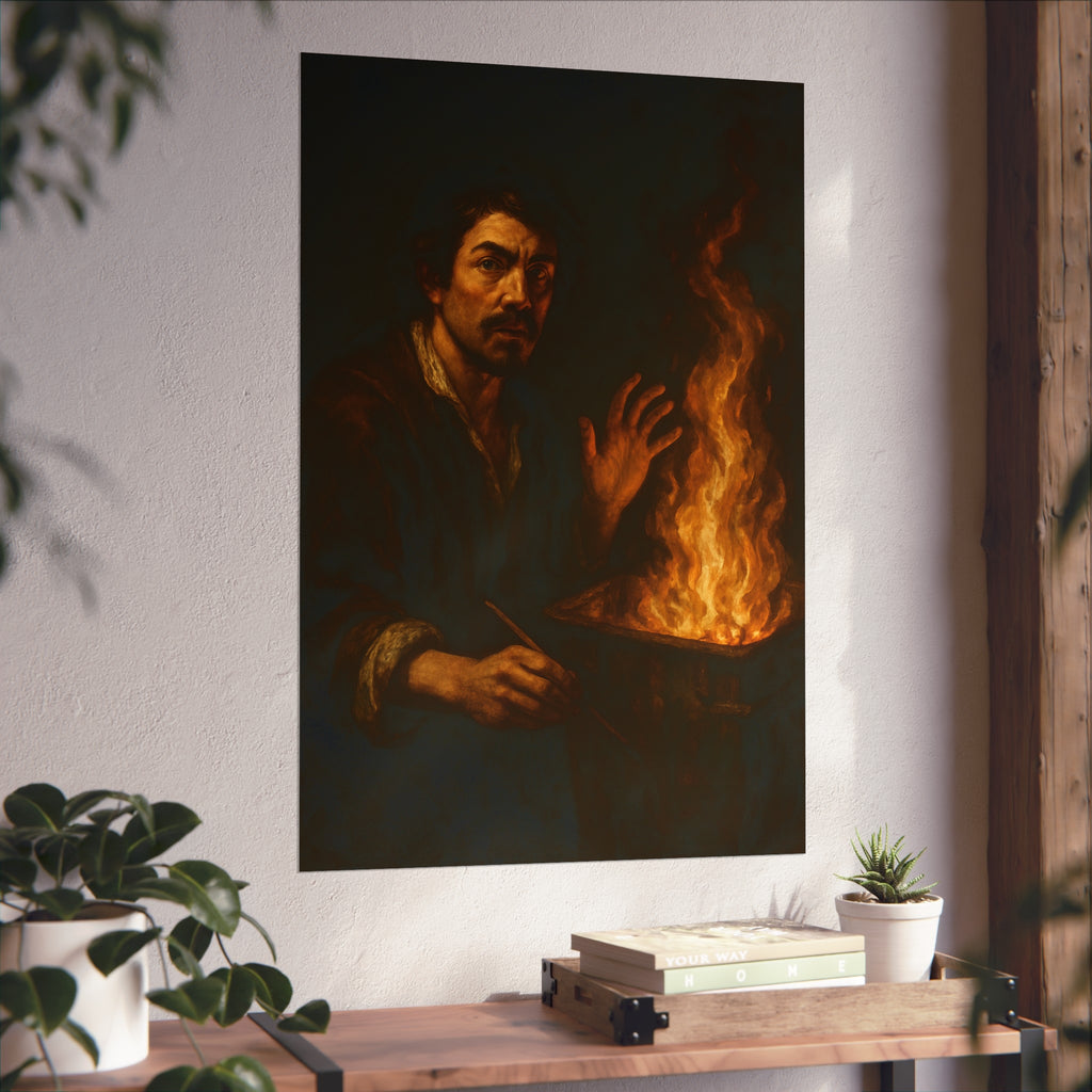 Man holding a paintbrush, his other hand raised beside tall flames. Self-Portrait with Brush and Flame by Garabaggio, fine art print hanging in a room.