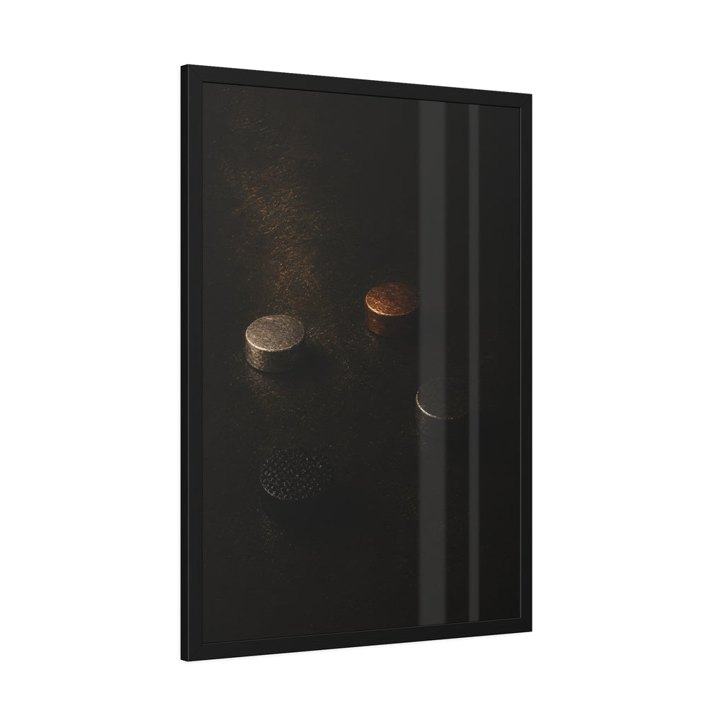 Four small metal discs on a dark scuffed surface in a narrow beam of light. Metals After the Song by Garabaggio, framed fine art print hanging in a room.