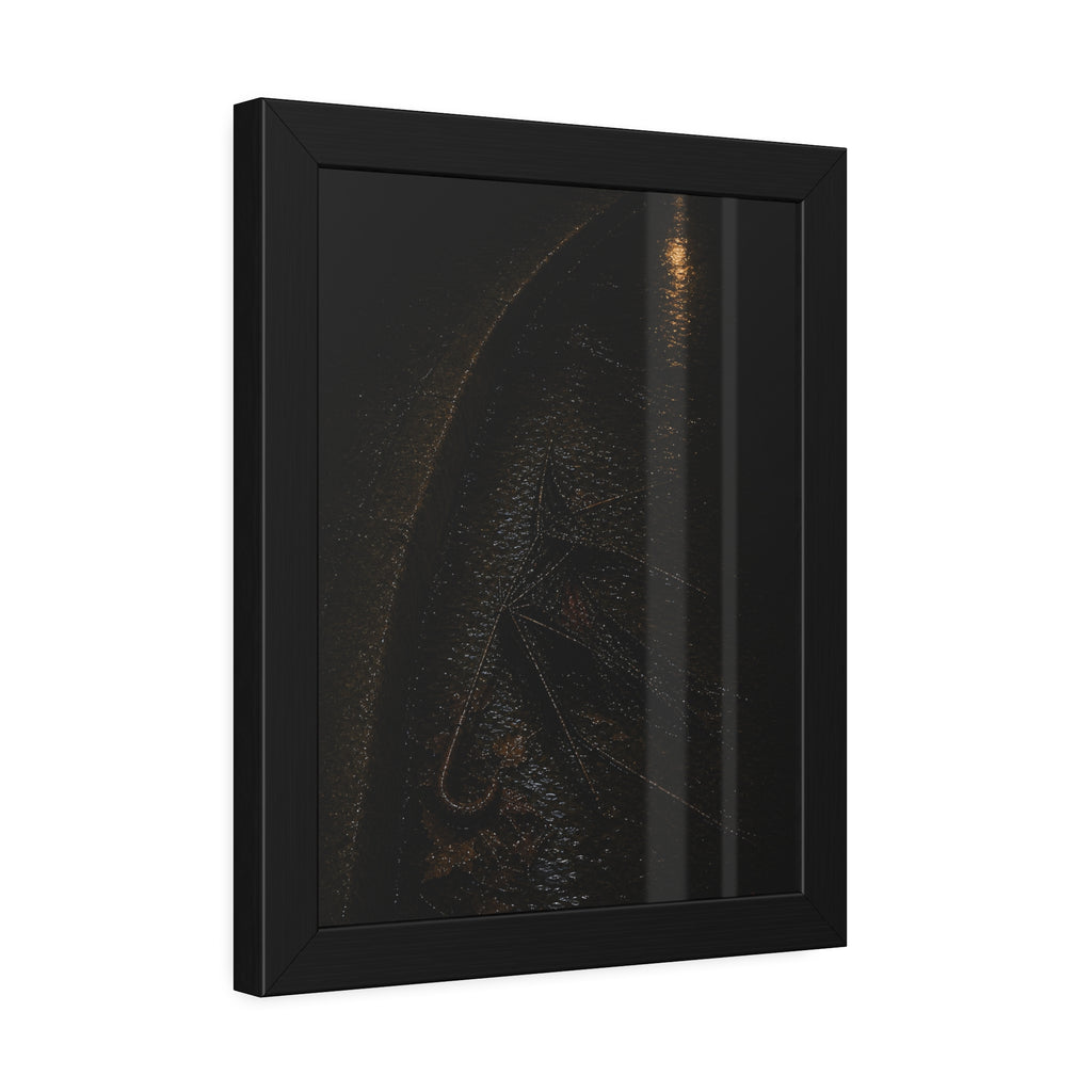 A collapsed umbrella in a dark wet gutter beside a curb, one distant light. The Procession in the Gutter by Garabaggio, framed fine art print hanging in a room.