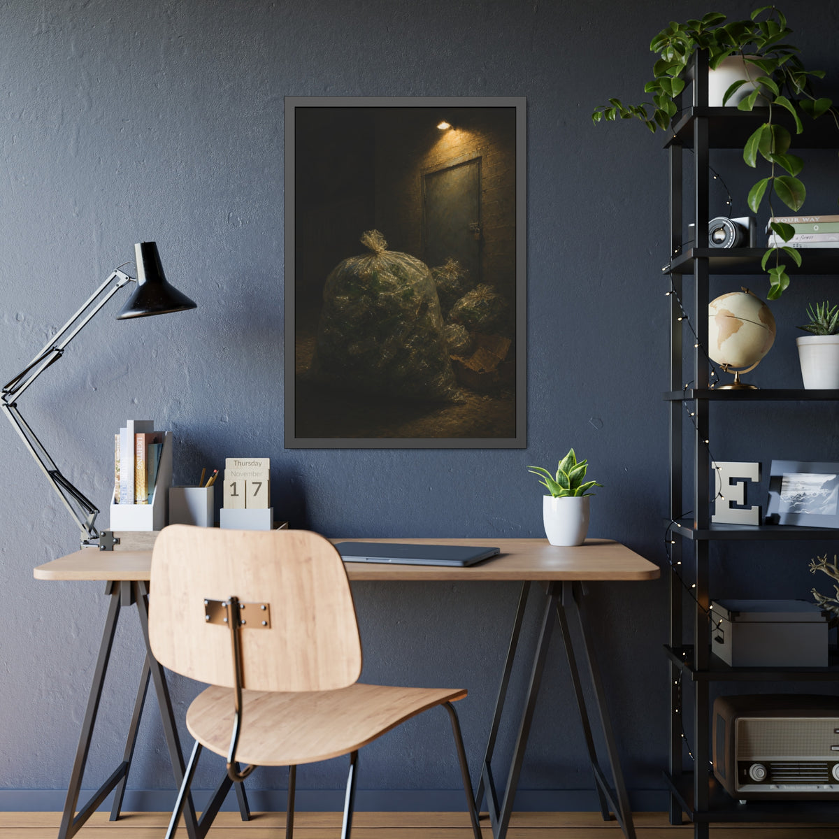 Clear bags of empty bottles piled by a padlocked door under a wall lamp. The Gathering of Empties by Garabaggio, framed fine art print hanging in a room.