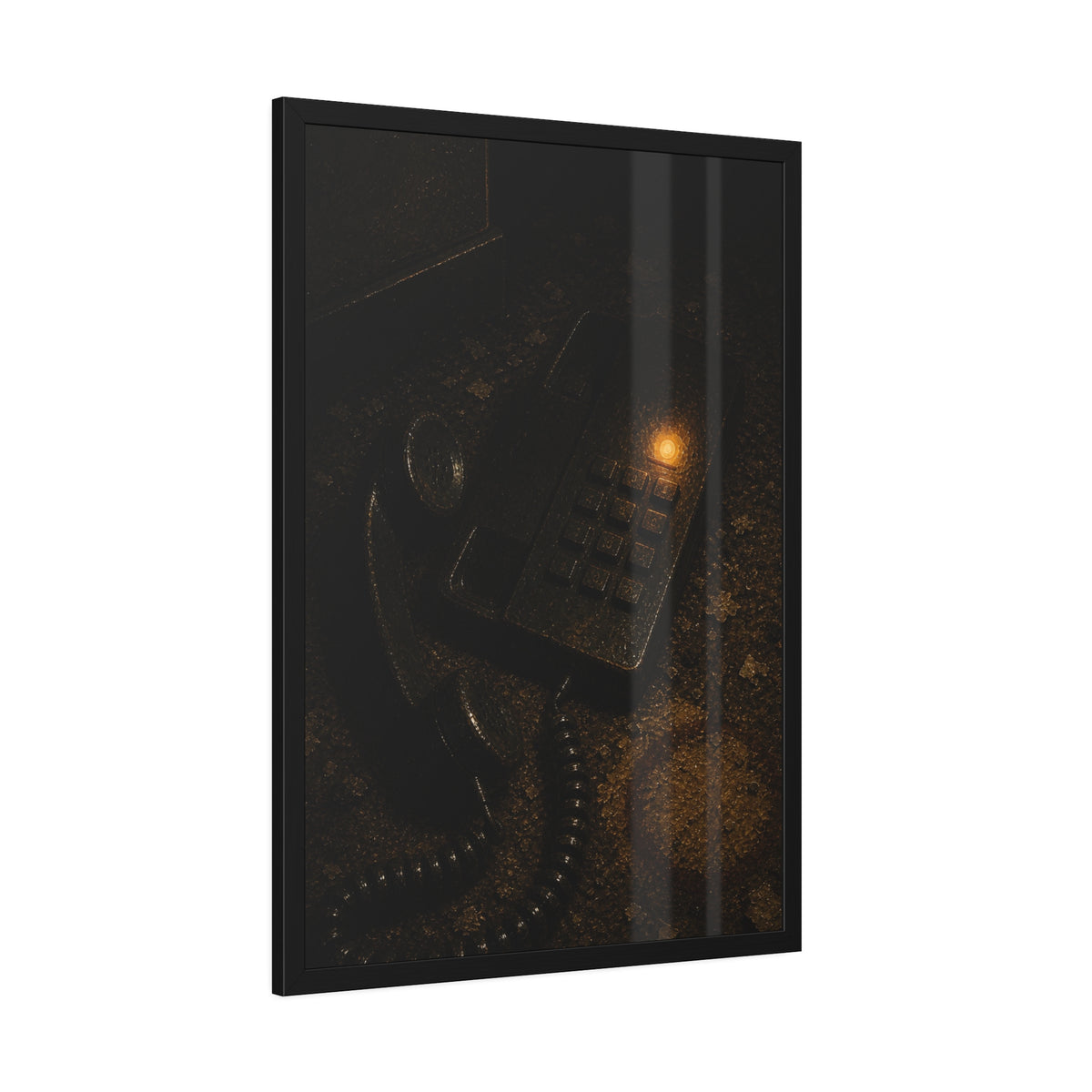 A desk phone with the handset off the hook and one amber light glowing. The Line Still Rings by Garabaggio, framed fine art print hanging in a room.