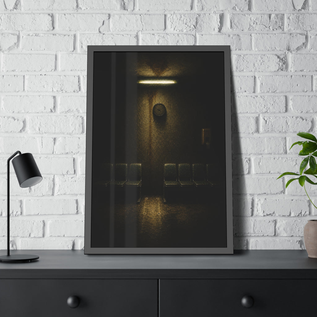 A gap in a row of waiting room chairs below a clock and one strip light. One Chair Removed by Garabaggio, framed fine art print hanging in a room.