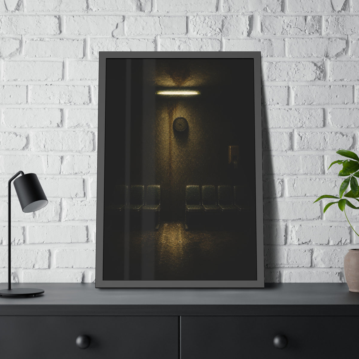A gap in a row of waiting room chairs below a clock and one strip light. One Chair Removed by Garabaggio, framed fine art print hanging in a room.