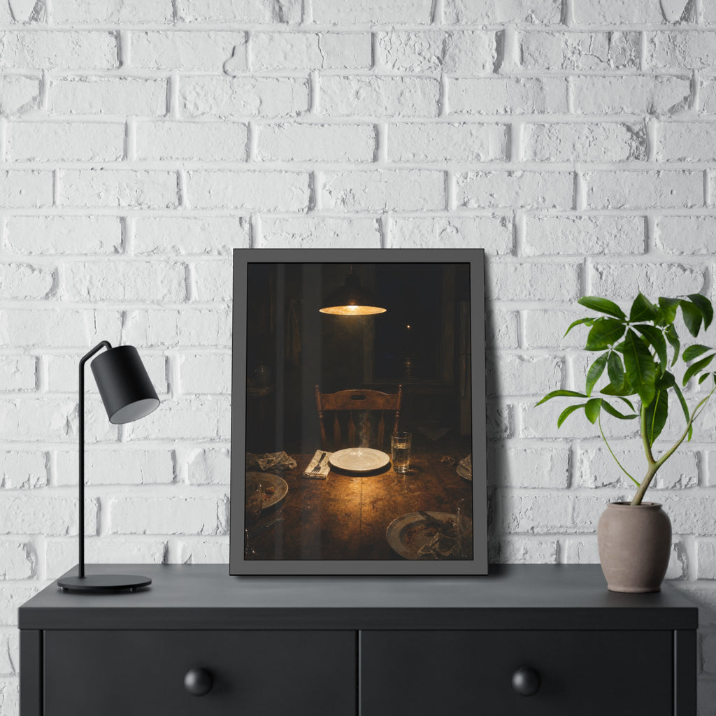 A clean plate and empty chair under a hanging lamp at a used dinner table. The Empty Seat at Dinner by Garabaggio, framed fine art print hanging in a room.