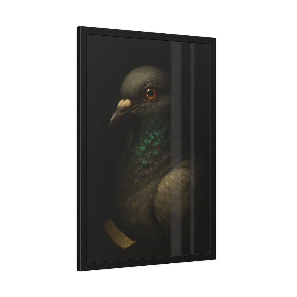Close portrait of a pigeon with an iridescent green throat. Study of the Holy Messenger, No. 1 by Garabaggio, framed fine art print hanging in a room.