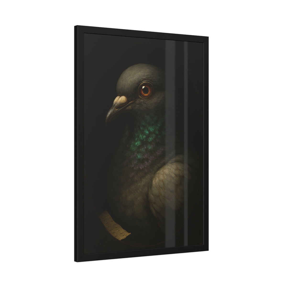 Close portrait of a pigeon with an iridescent green throat. Study of the Holy Messenger, No. 1 by Garabaggio, framed fine art print hanging in a room.