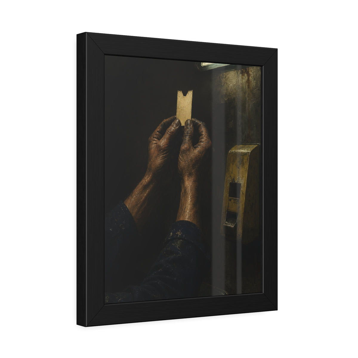 Weathered hands holding a paper queue ticket under a fluorescent tube. The First Number by Garabaggio, framed fine art print hanging in a room.