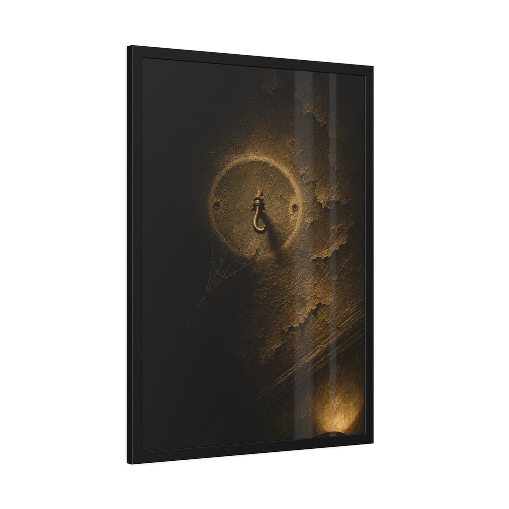 A small empty hook on a cracked ceiling, lit from one side. The Hook Without a Burden by Garabaggio, framed fine art print hanging in a room.
