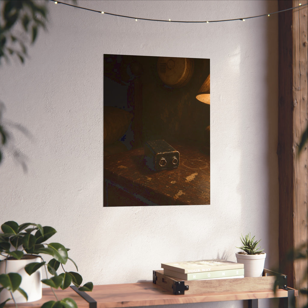 A nine volt battery on a nightstand below a wall smoke detector. The Battery Laid Below by Garabaggio, fine art print hanging in a room.
