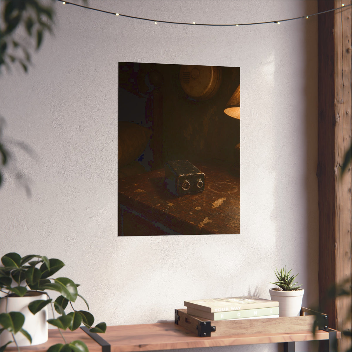 A nine volt battery on a nightstand below a wall smoke detector. The Battery Laid Below by Garabaggio, fine art print hanging in a room.