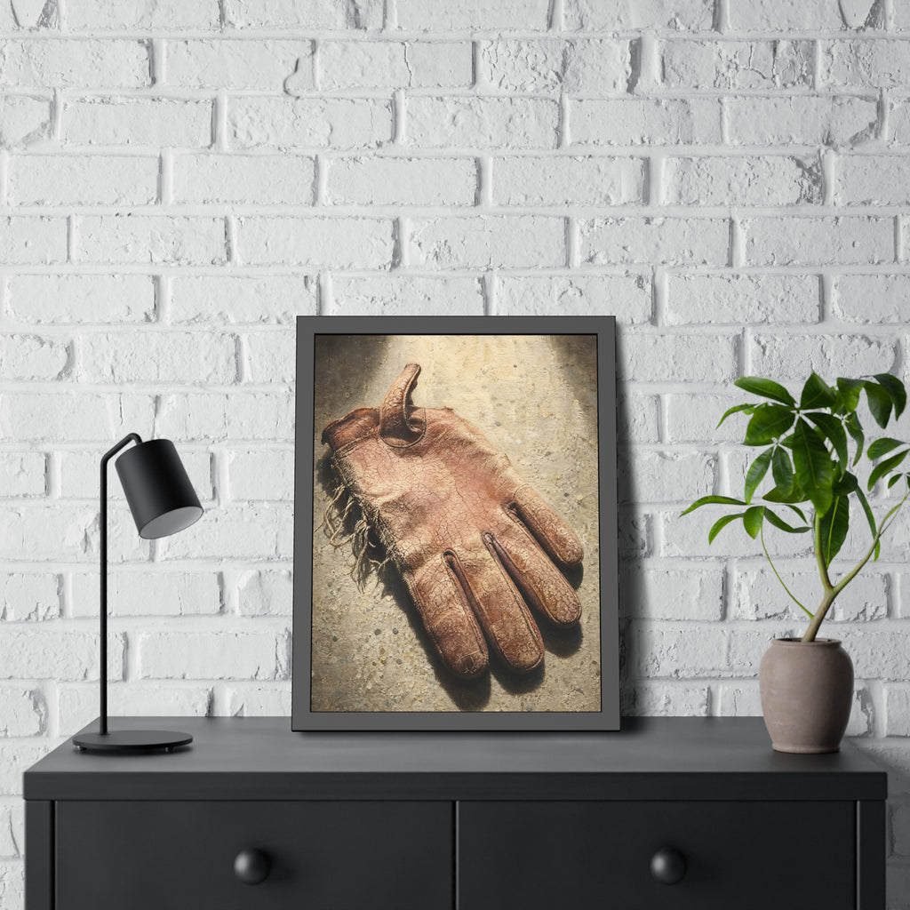 A cracked leather work glove lying on bright sunlit concrete. The Bleaching, Study of a Sun-Tired Glove by Garabaggio, framed fine art print hanging in a room.