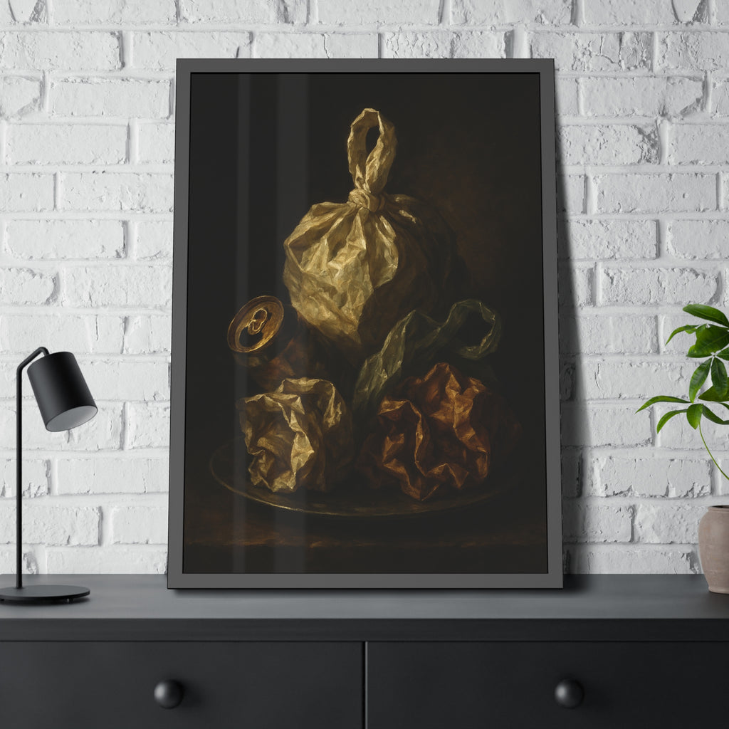 Knotted plastic bag on a plate with crumpled wrappers and a crushed can. Communion of the Knotted Bag by Garabaggio, framed fine art print hanging in a room.