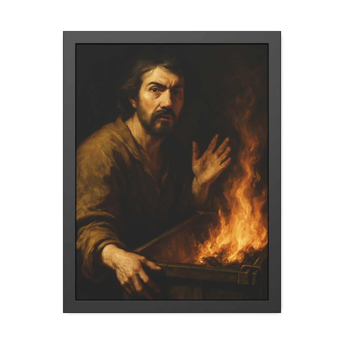 Man gripping the edge of a burning dumpster with one hand raised. Self-Portrait at 3:40 AM by Garabaggio, framed fine art print hanging in a room.