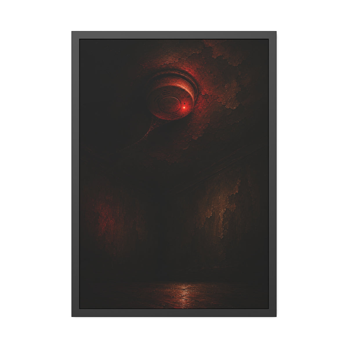 A ceiling smoke detector glowing red in an empty peeling room. The Alarm in an Empty Room by Garabaggio, framed fine art print, 28″ x 40″.