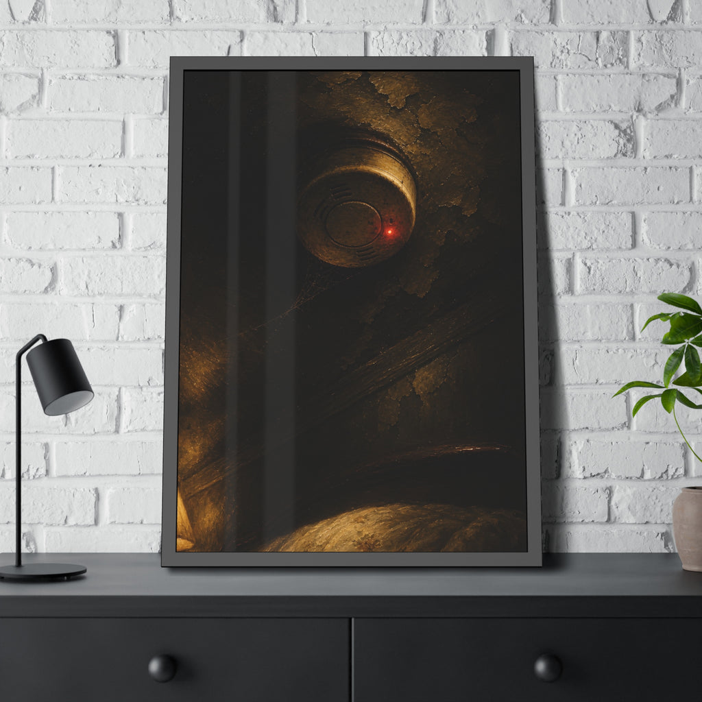 A smoke detector on a stained ceiling, its red light on, cobweb below. The Watch Above Sleep by Garabaggio, framed fine art print hanging in a room.