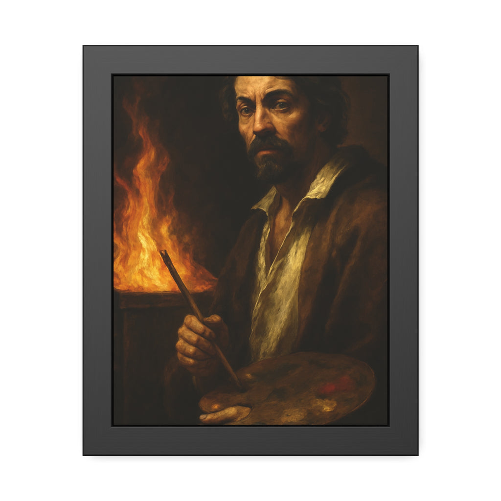 Man holding a palette and brushes, a fire behind him. Self-Portrait with Palette (After Caravaggio) by Garabaggio, framed fine art print, 11″ x 14″.