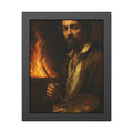 Man holding a palette and brushes, a fire behind him. Self-Portrait with Palette (After Caravaggio) by Garabaggio, framed fine art print, 11″ x 14″.