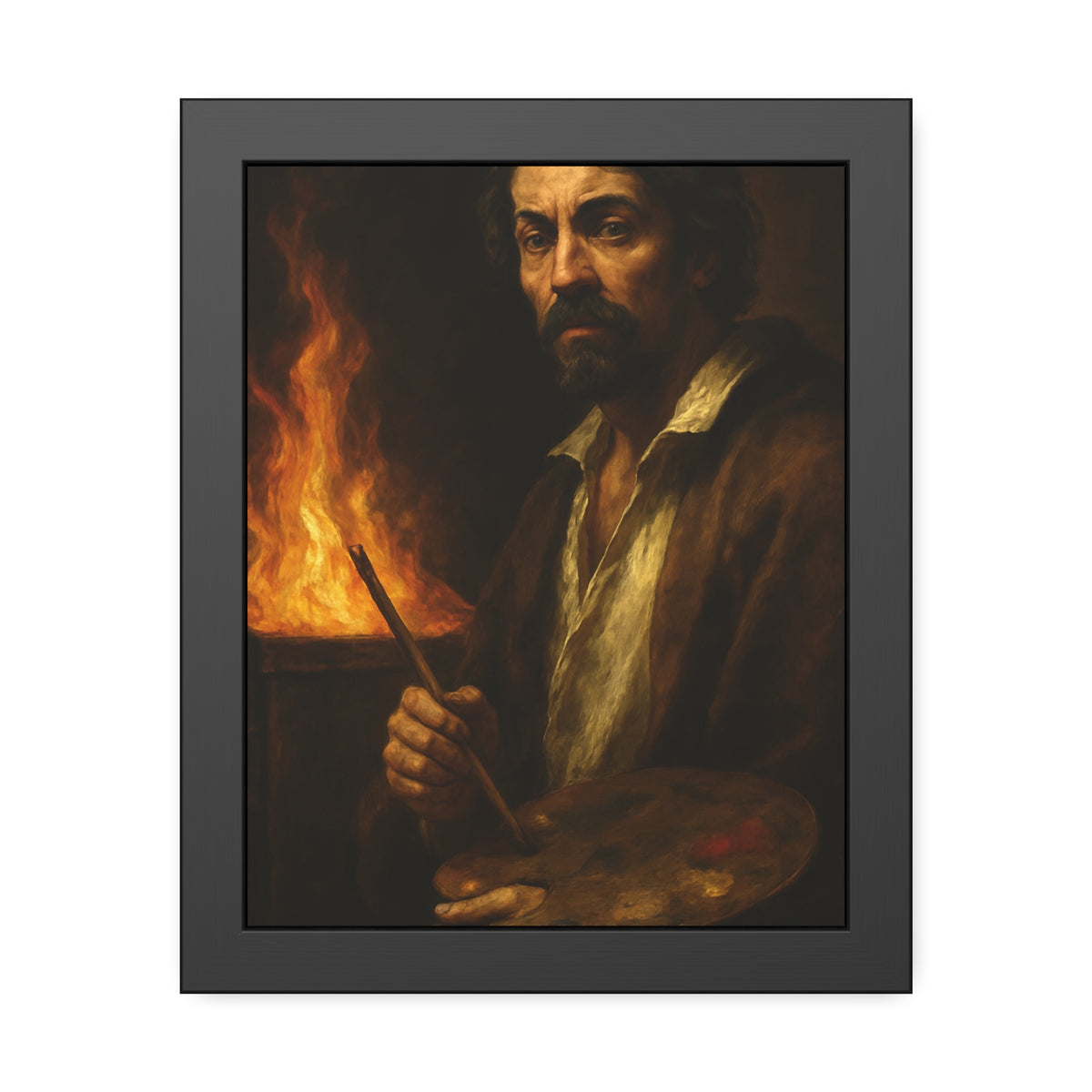Man holding a palette and brushes, a fire behind him. Self-Portrait with Palette (After Caravaggio) by Garabaggio, framed fine art print, 11″ x 14″.