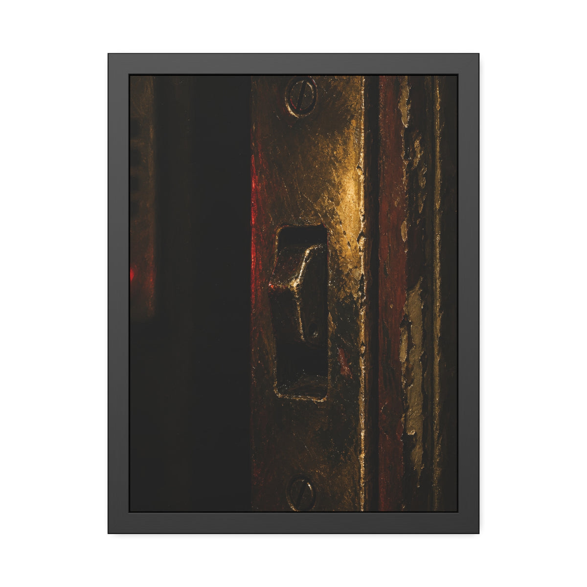 A brass door latch beside an intercom with a small red light. The Door Does Not Release by Garabaggio, framed fine art print, 18″ x 24″.
