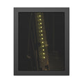 A dark rack panel with a vertical row of glowing green indicator lights. The First Green Choir by Garabaggio, framed fine art print, 11″ x 14″.