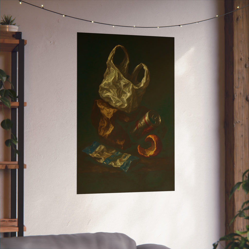 A plastic bag, crushed can and orange peel on a dim table. Still Life with Orange Peel and Resignation by Garabaggio, fine art print hanging in a room.