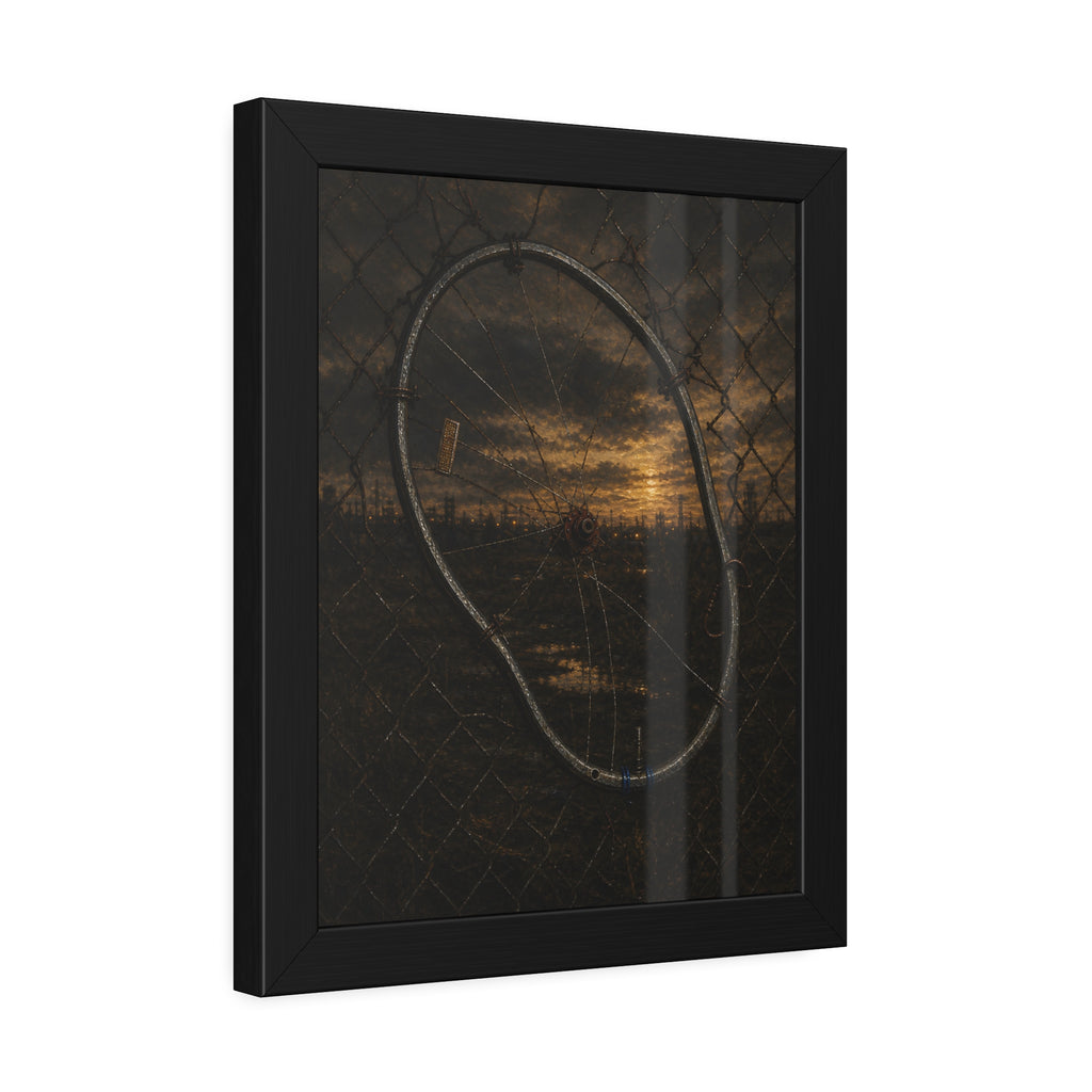A bent bicycle wheel woven into a chain link fence against a dim sunset. The Fence Repair by Garabaggio, framed fine art print hanging in a room.