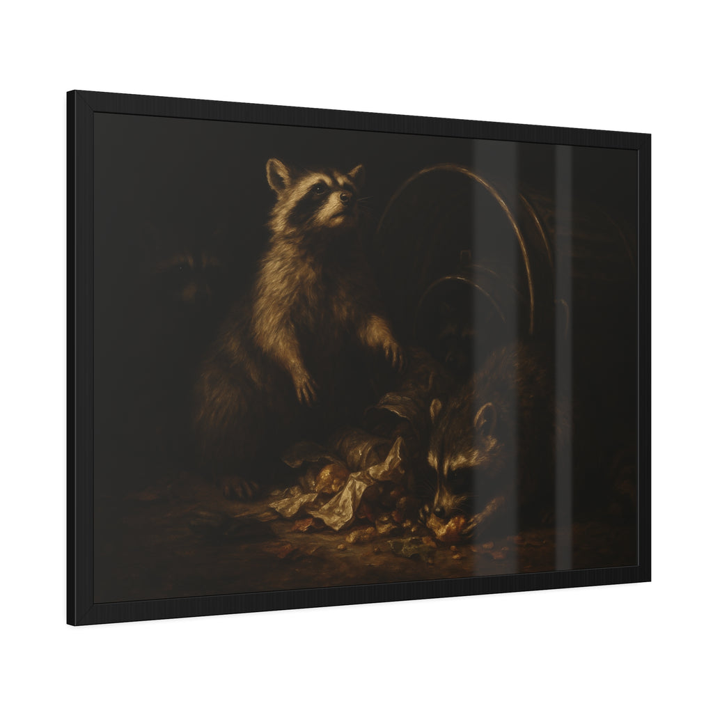 Raccoons feeding on scraps around a tipped metal trash can in the dark. The Calling of St. Trash by Garabaggio, framed fine art print hanging in a room.