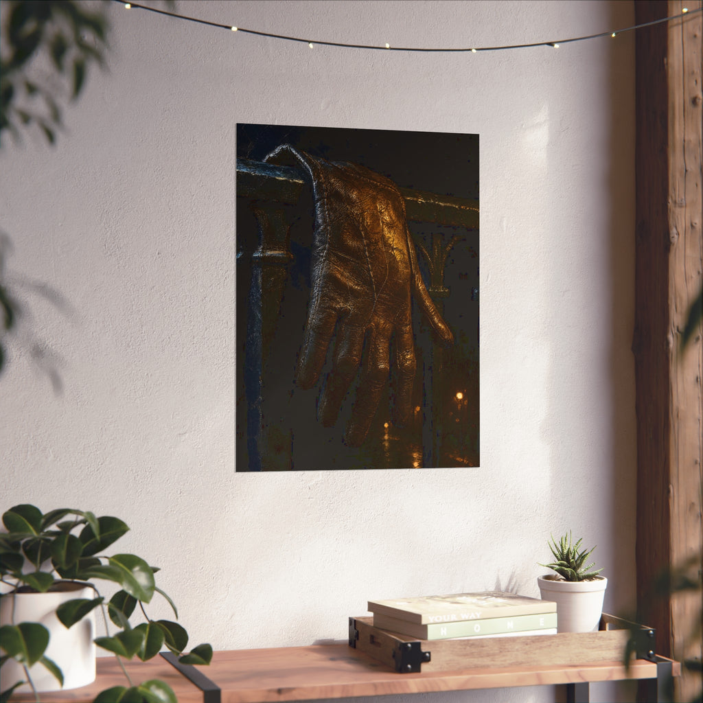 A leather glove draped over an iron railing, fingers hanging. The Repose of the Leather Glove, No. 1 by Garabaggio, fine art print hanging in a room.