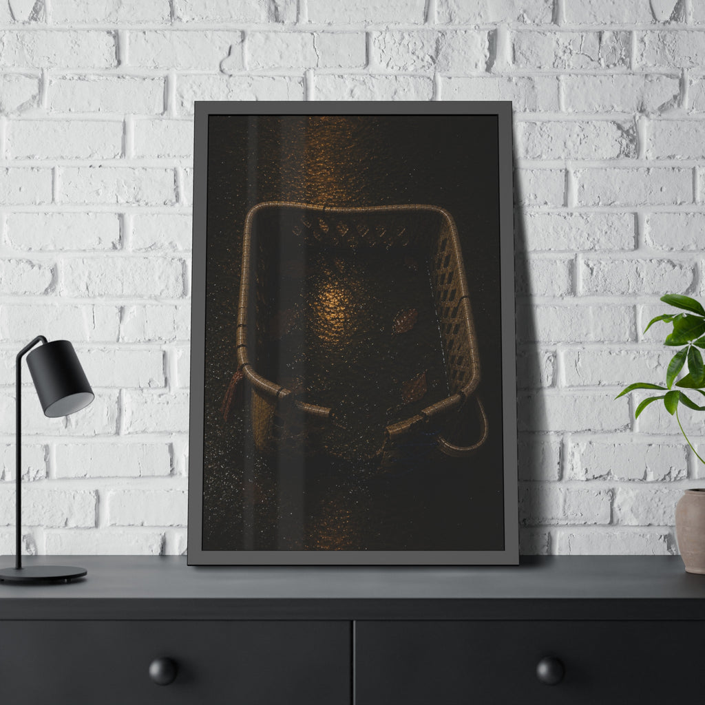A cracked laundry basket holding rainwater and leaves on wet ground. The Basin of Rain (Laundry Basket) by Garabaggio, framed fine art print hanging in a room.