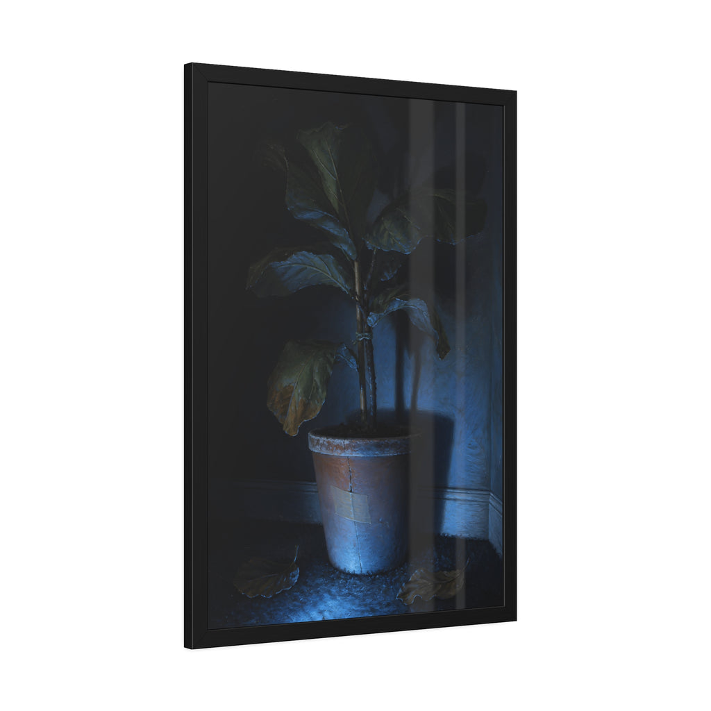 A dying potted plant in a corner washed in blue television light. The Television Hours by Garabaggio, framed fine art print hanging in a room.