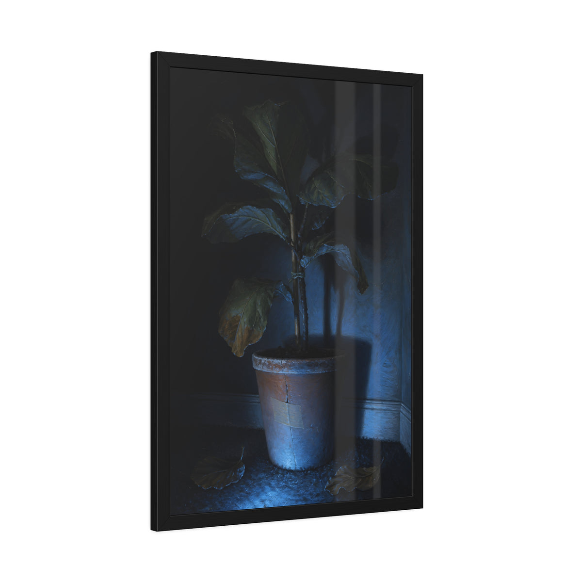 A dying potted plant in a corner washed in blue television light. The Television Hours by Garabaggio, framed fine art print hanging in a room.