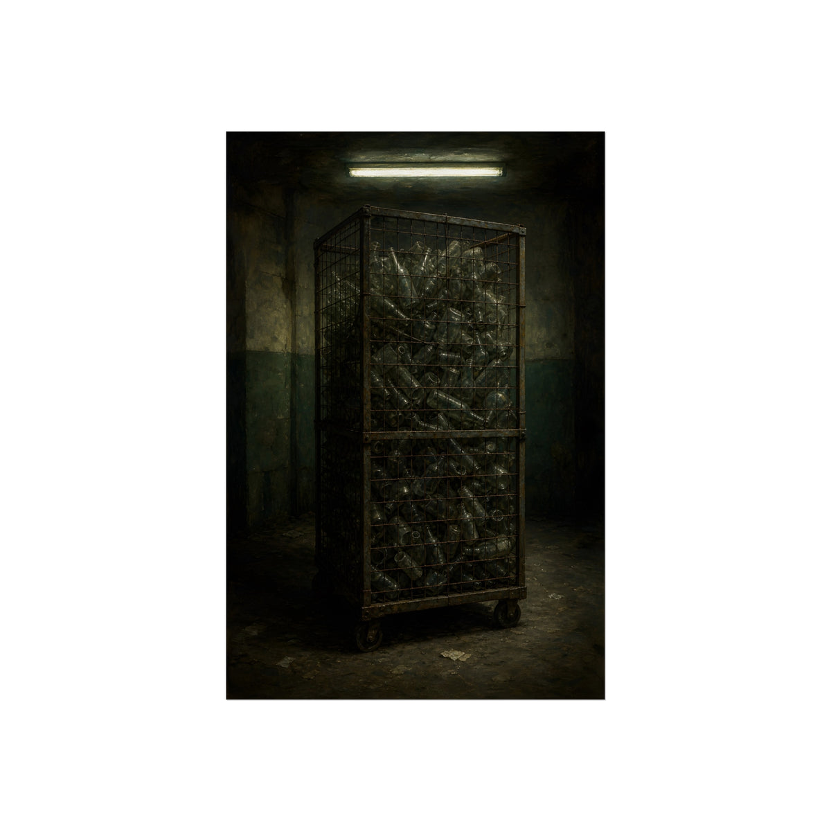 A tall wire cage cart packed with clear bottles in a dim concrete room. The Cage of Clear Glass by Garabaggio, fine art print, 24″ x 36″.