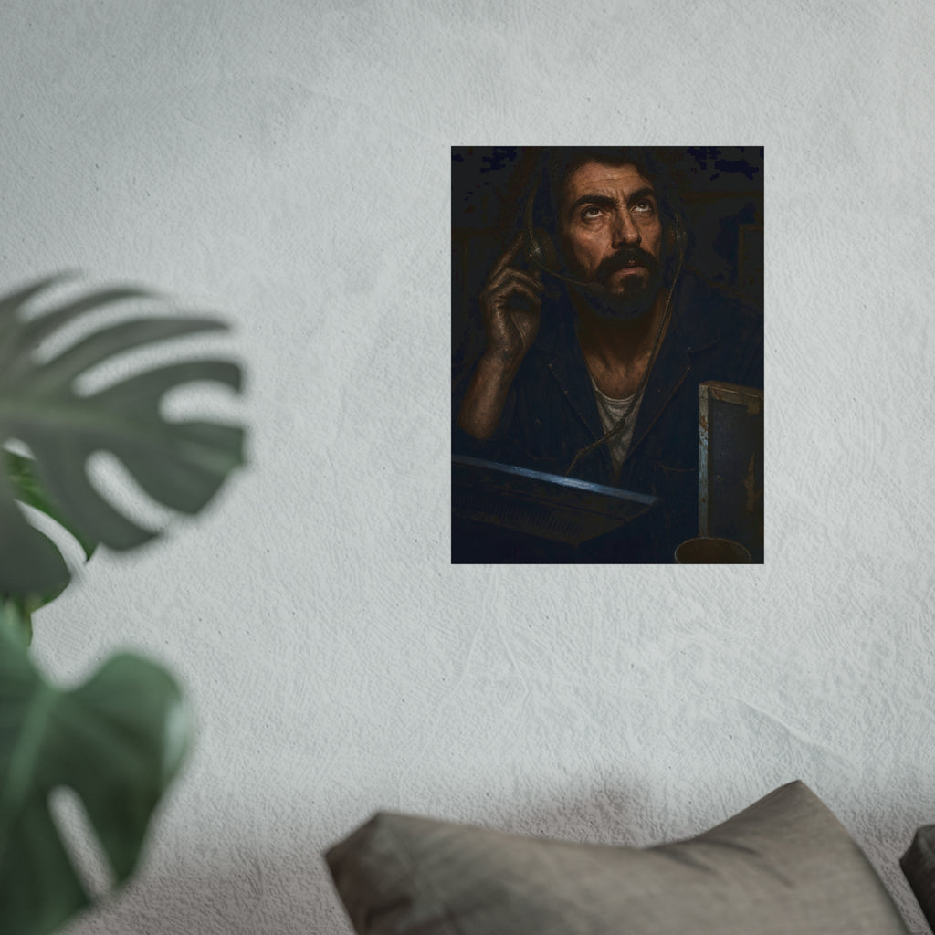 A man in a phone headset looks upward over the glow of a monitor. Garabaggio on Hold by Garabaggio, fine art print hanging in a room.