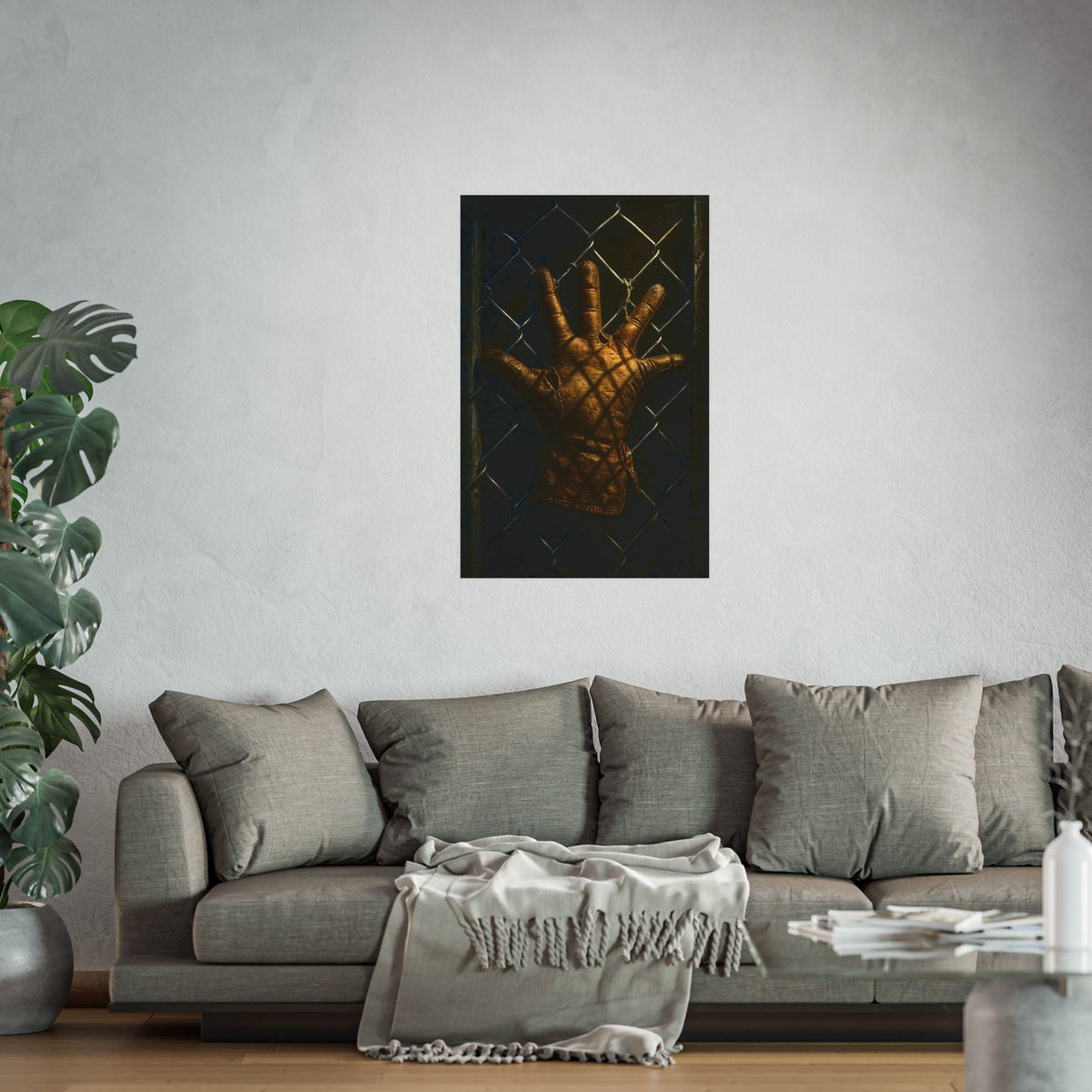 A worn leather glove caught fingers up on a dark chain-link fence. The Crucifixion on Chain-Link by Garabaggio, fine art print hanging in a room.