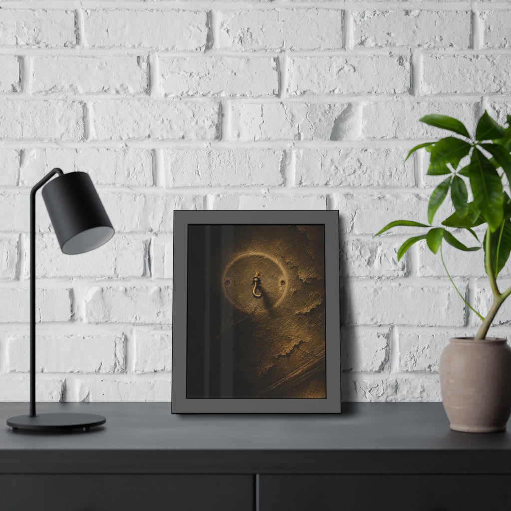 A small empty hook on a cracked ceiling, lit from one side. The Hook Without a Burden by Garabaggio, framed fine art print hanging in a room.