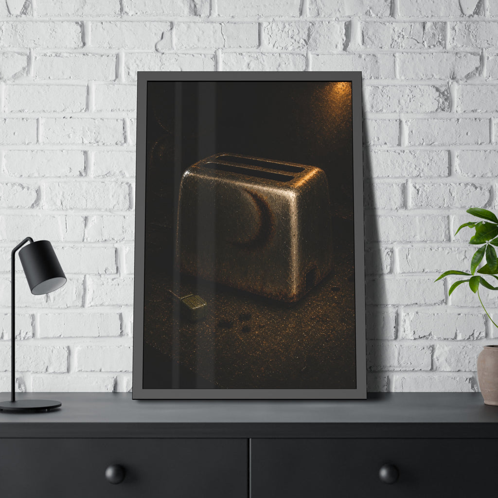 A scorched toaster on a dark counter with crumbs and its plug beside it. Shell Without Heat by Garabaggio, framed fine art print hanging in a room.