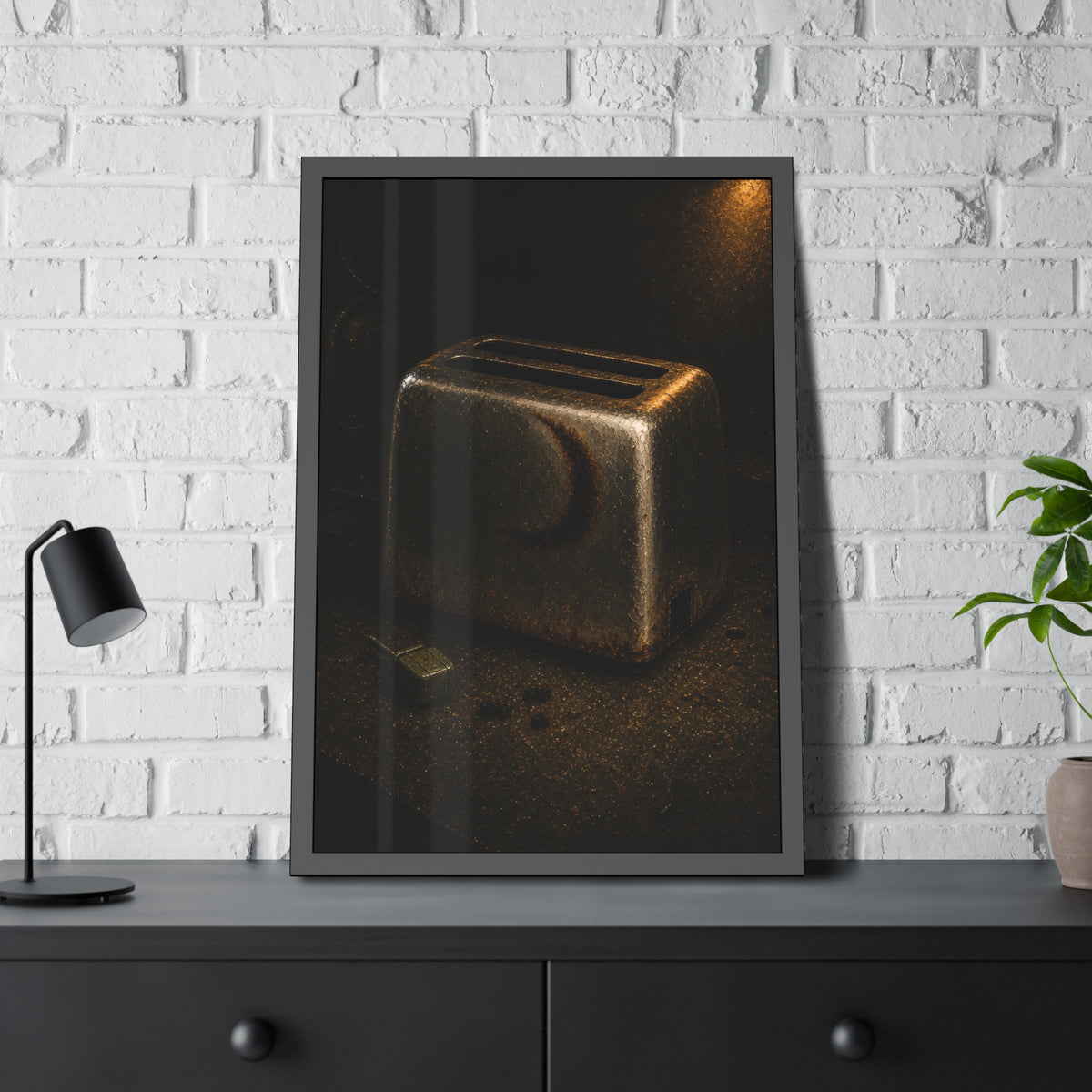 A scorched toaster on a dark counter with crumbs and its plug beside it. Shell Without Heat by Garabaggio, framed fine art print hanging in a room.