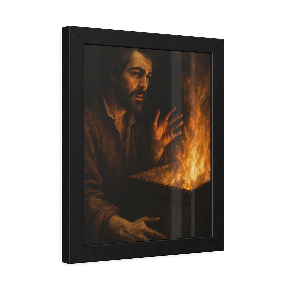 Man holding both hands toward the flames of a burning dumpster. Self-Portrait Warming the Hands by Garabaggio, framed fine art print hanging in a room.