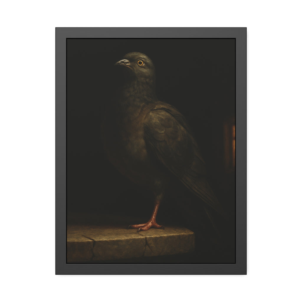 A pigeon standing on a cracked stone ledge in near darkness. The Martyrdom of the One-Legged Saint by Garabaggio, framed fine art print hanging in a room.