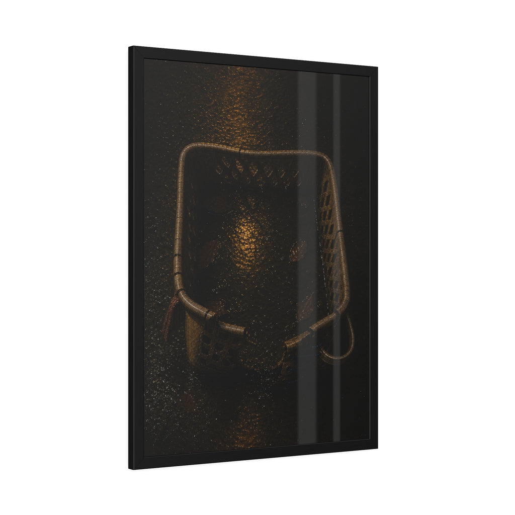 A cracked laundry basket holding rainwater and leaves on wet ground. The Basin of Rain (Laundry Basket) by Garabaggio, framed fine art print hanging in a room.