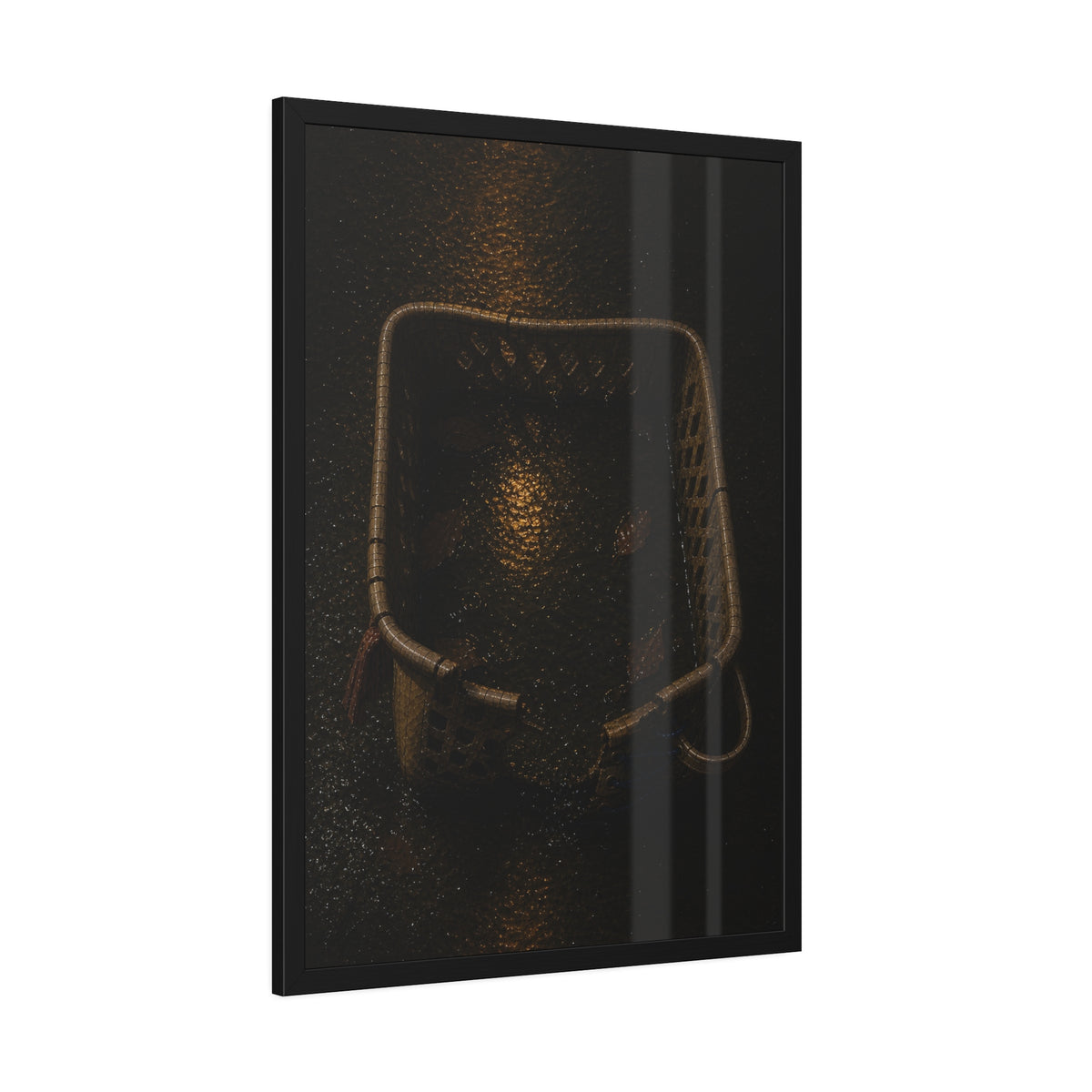 A cracked laundry basket holding rainwater and leaves on wet ground. The Basin of Rain (Laundry Basket) by Garabaggio, framed fine art print hanging in a room.