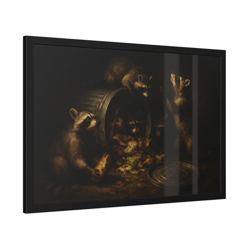 Raccoons around a tipped metal trash can, scattering food scraps. The Vigil of the Midnight Feast by Garabaggio, framed fine art print hanging in a room.