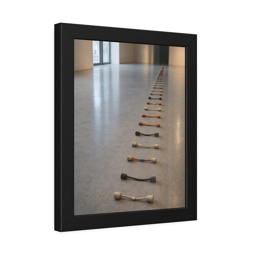 A long line of cut extension cord ends laid across a pale gallery floor. The Severed Procession by Garabaggio, framed fine art print hanging in a room.