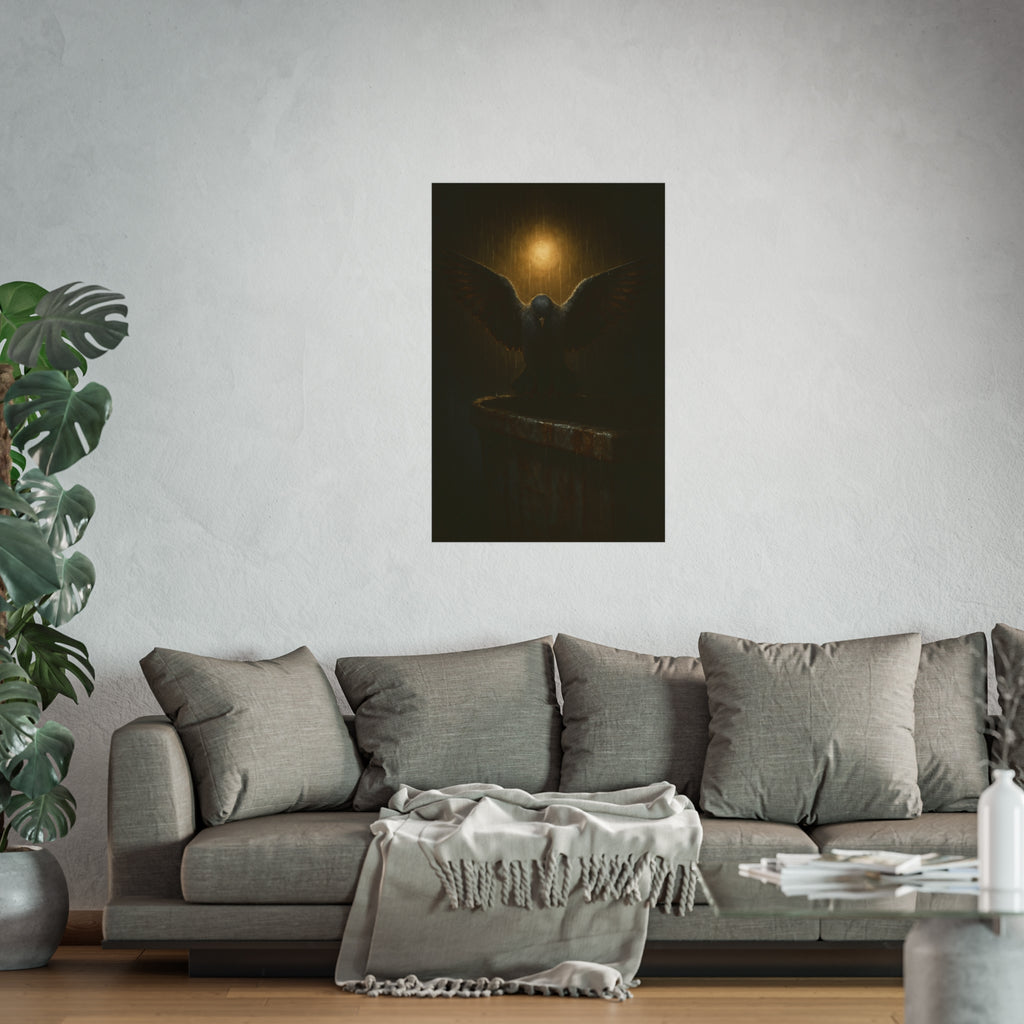 A pigeon with wings spread on a dumpster rim under a lamp in the rain. The Passion (Study in Rain) by Garabaggio, fine art print hanging in a room.
