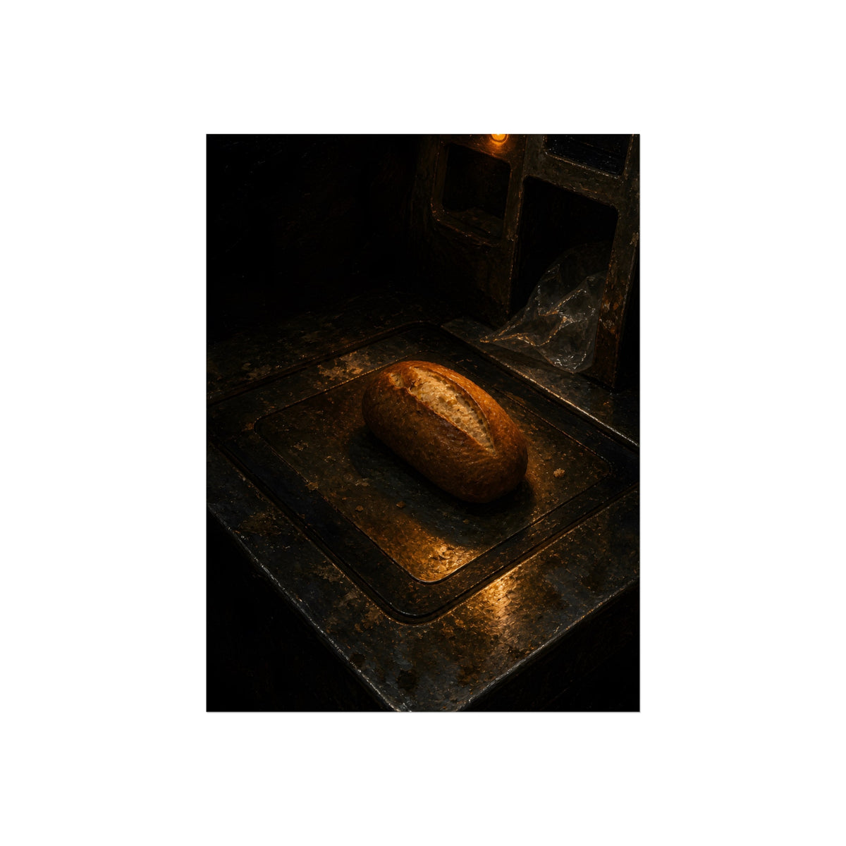 A loaf of bread alone on a dark self checkout weighing plate. The Witness at the Scale by Garabaggio, fine art print, 12″ x 16″.