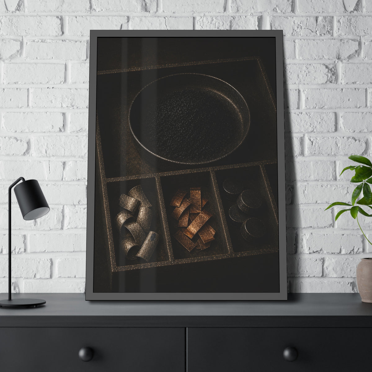 Sorted battery parts in a divided tray, metal strips, cells and powder. The Separation of Metals by Garabaggio, framed fine art print hanging in a room.