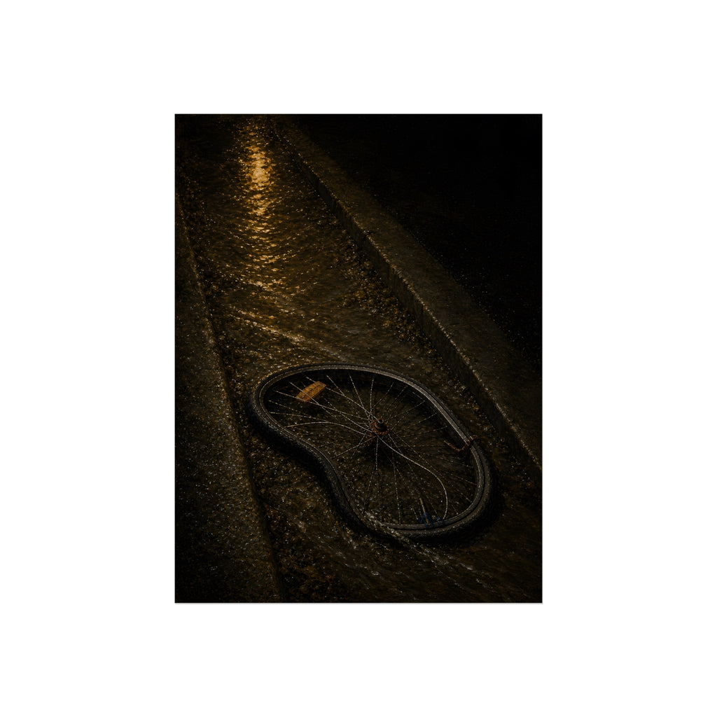 A bent bicycle wheel in a wet gutter with streetlight glare on the water. The Carrying by Runoff by Garabaggio, fine art print, 12″ x 16″.