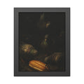Pigeons crowding around a bread roll on dark stone paving. The Congregation at the Bun by Garabaggio, framed fine art print, 11″ x 14″.