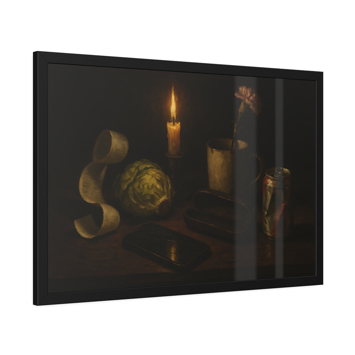 A candle, lettuce head, curled receipt and can on a dim table. Vanitas with Receipts and Wilted Lettuce by Garabaggio, framed fine art print hanging in a room.