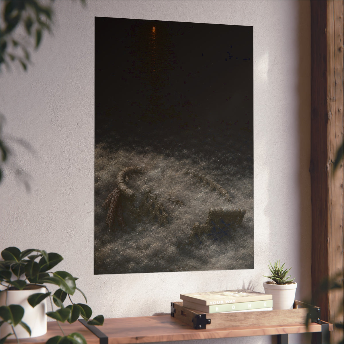 A broken laundry basket half buried in a snowbank under a distant light. Lattice in the Snowbank by Garabaggio, fine art print hanging in a room.